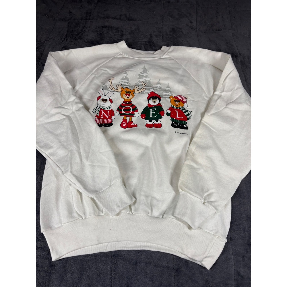 Vintage 1989 Oneita Power Sweats Noel Christmas Animals White Sweatshirt XL